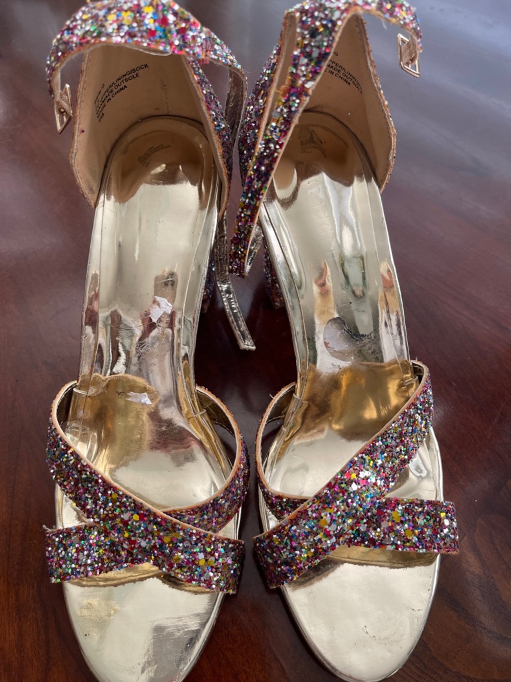 Gold Glitter Multicolor Strappy Women's Heels 7.5